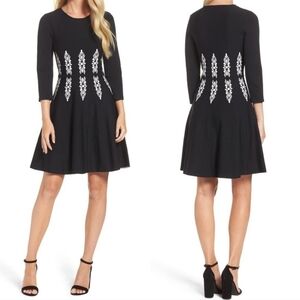 Eliza J Dress Medium Stretch Knit 3/4 Sleeve Fit Flare Black White Holiday EUC